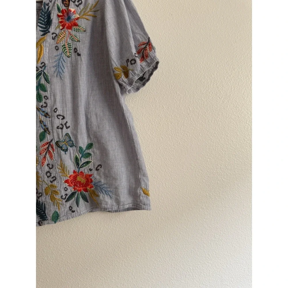 Johnny Was Indraa Puff Sleeve Popover Blouse Sz XS/S‎ Floral Tiger Embroidered